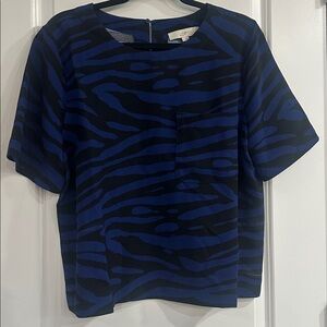 LOFT Navy and Black Zebra-Stripe Short Sleeve Blouse